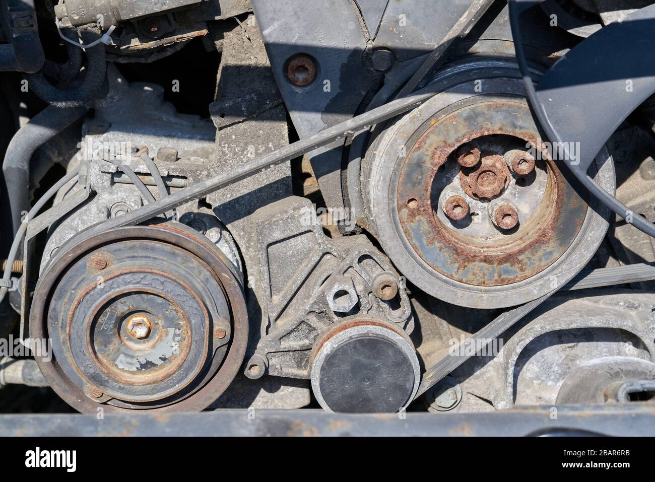 Belt drive on disassembled car Stock Photo