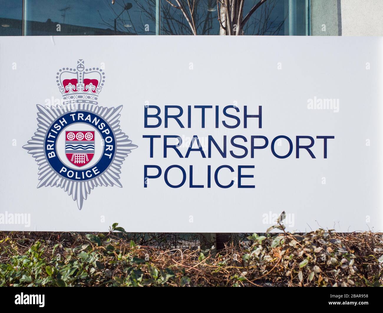 LONDON-  British Transport Police logo and sign outside headquarters building in Camden, London. Stock Photo