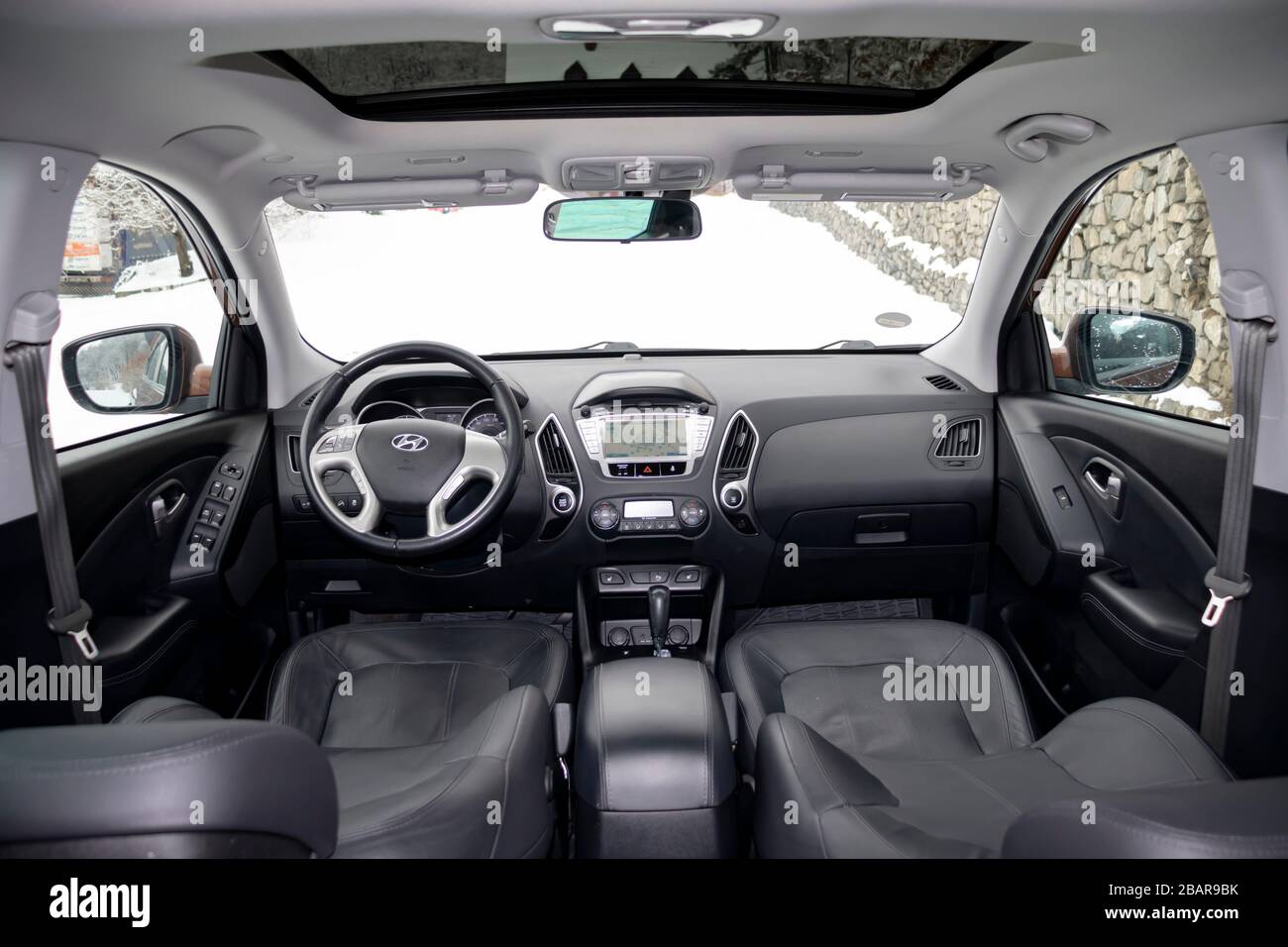 Panoramic view inside car double sunroof hatch with tinted glass