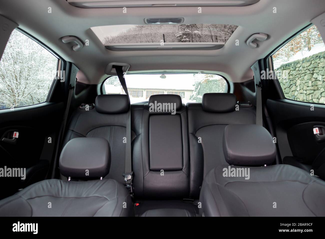 Panoramic view inside car double sunroof hatch with tinted glass