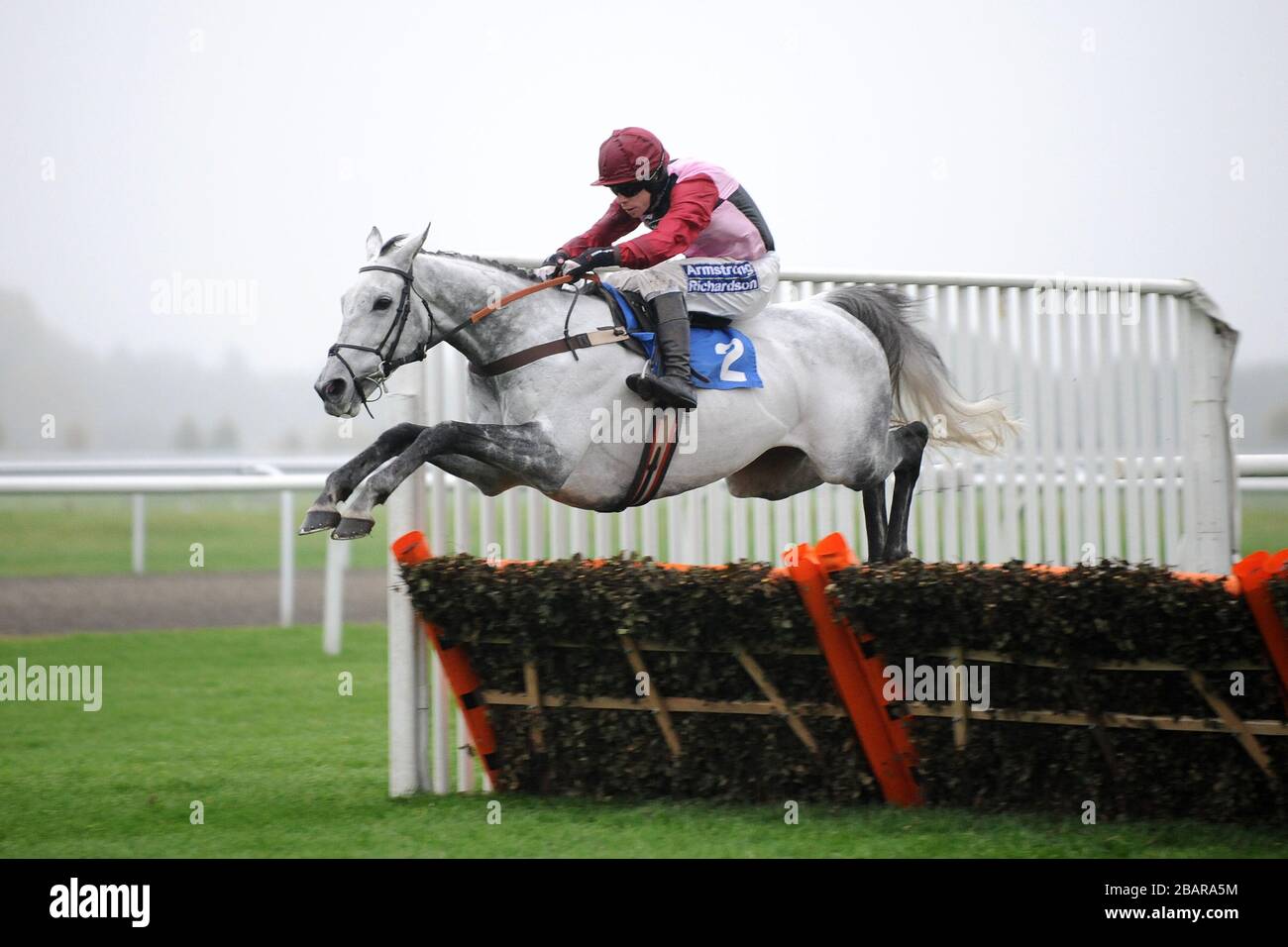 Australia Day ridden by Denis O'Regan jumps the fence during the William Hill Hurdle Stock Photo