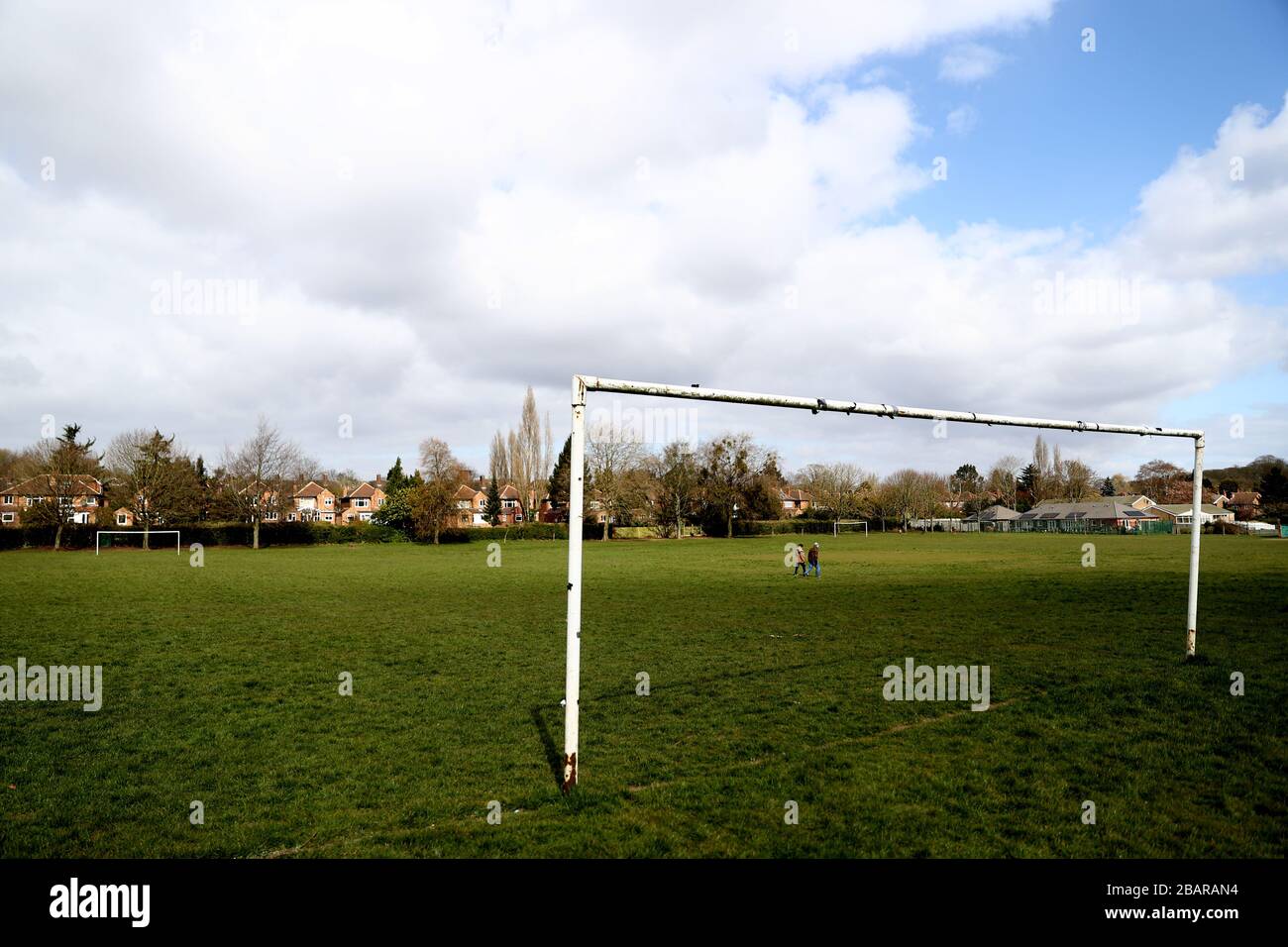 Goal posts on a nearly empty recreation ground in Nottingham as the UK continues in lockdown to help curb the spread of the coronavirus. Stock Photo