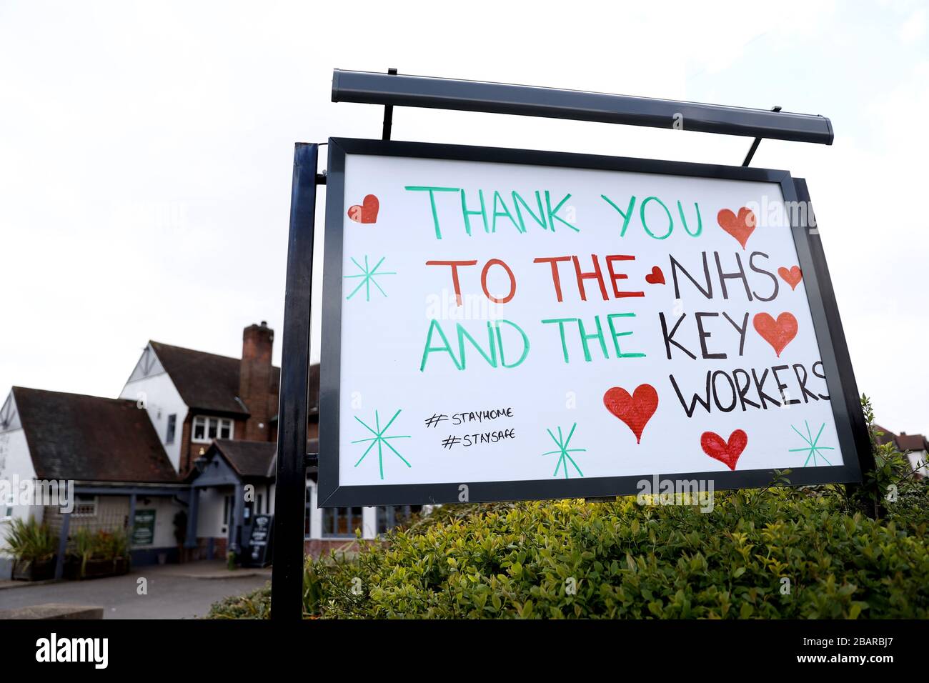 A sign outside a public house in Nottingham thanking the NHS and Keyworkers as the UK continues in lockdown to help curb the spread of the coronavirus. Stock Photo