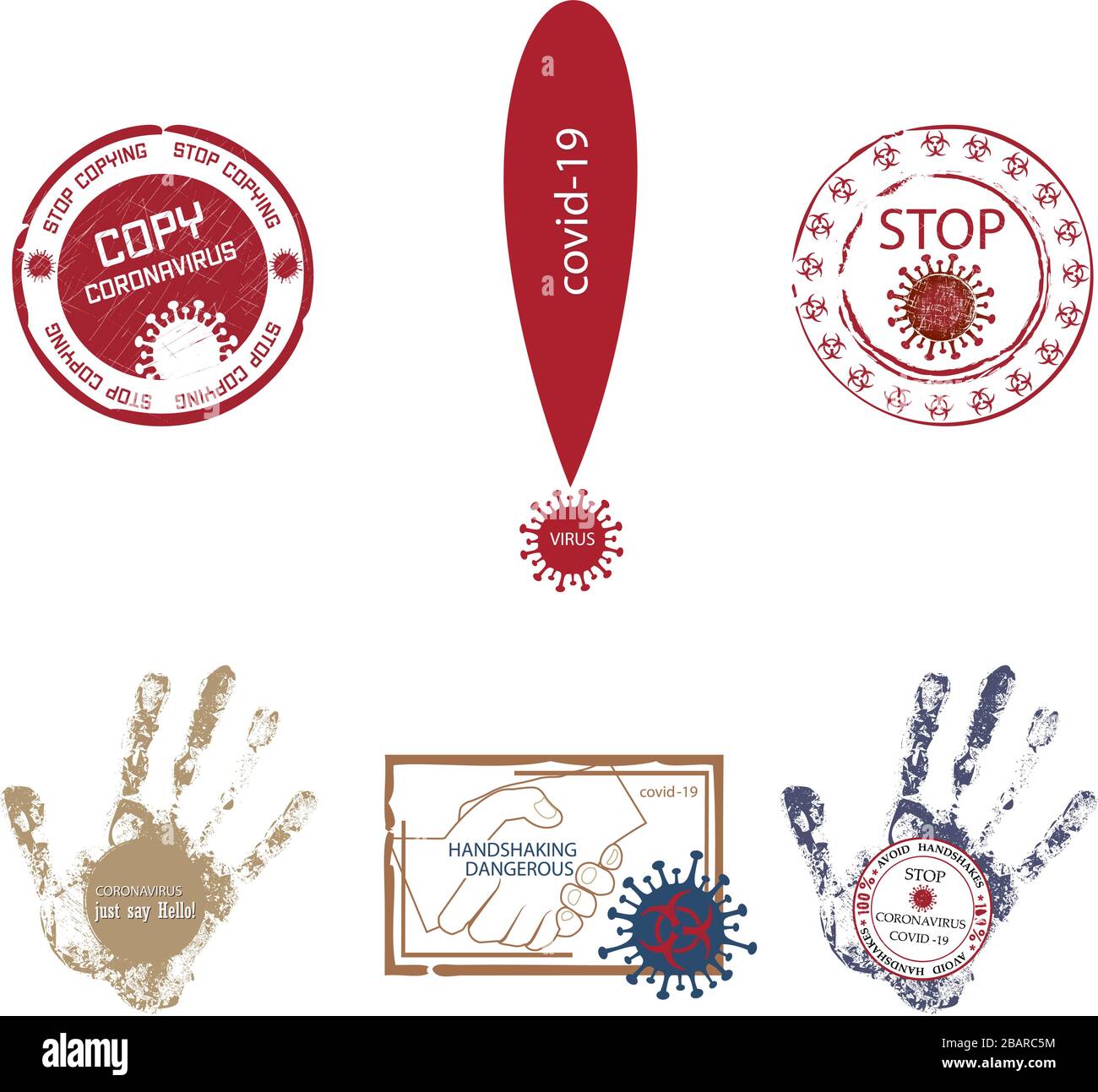 A set of stamps and icons on the theme of coronavirus. Warnings about danger, recommendations with text, refrain from shaking hands Stock Vector