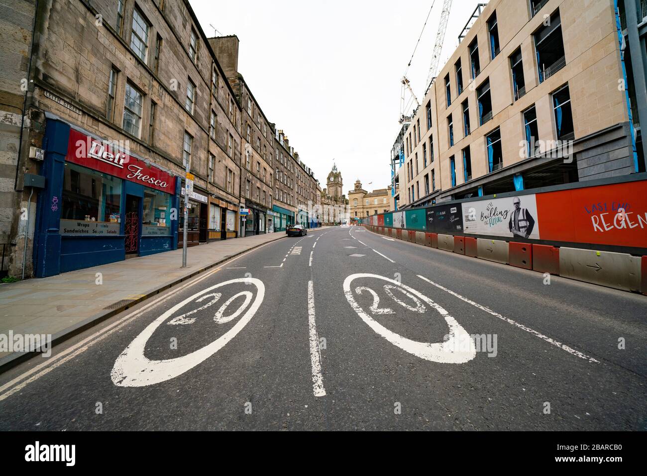 Edinburgh, Scotland, UK. 29 March, 2020. Life in Edinburgh on the first Sunday of the Coronavirus lockdown. Streets deserted, shops and restaurants closed, very little traffic on streets and reduced public transport. Pictured; Leith Walk. Iain Masterton/Alamy Live News Stock Photo
