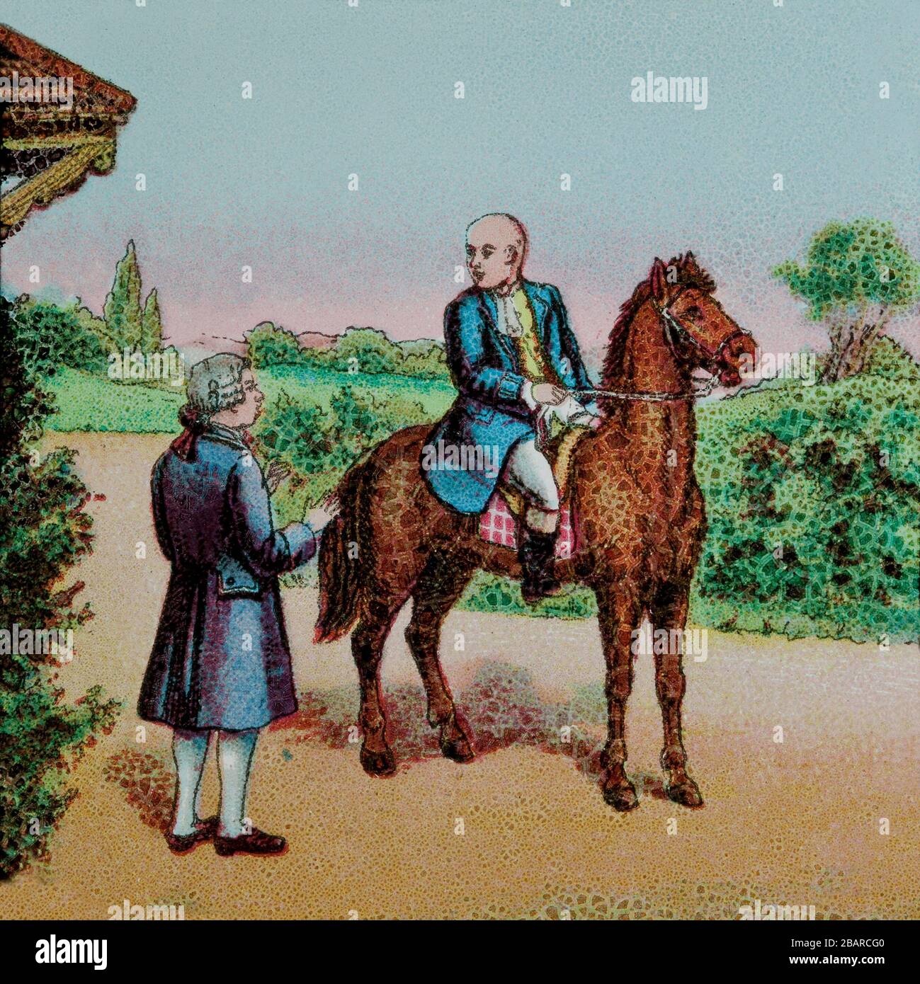 The Diverting History of John Gilpin, an illustration of a historical man on horse back riding to the Bell Inn in Edmonton but being diverted to a place called 'Ware' by accident.  John Gilpin was known a 'Draper' a story by William Cowper in 1782. Stock Photo