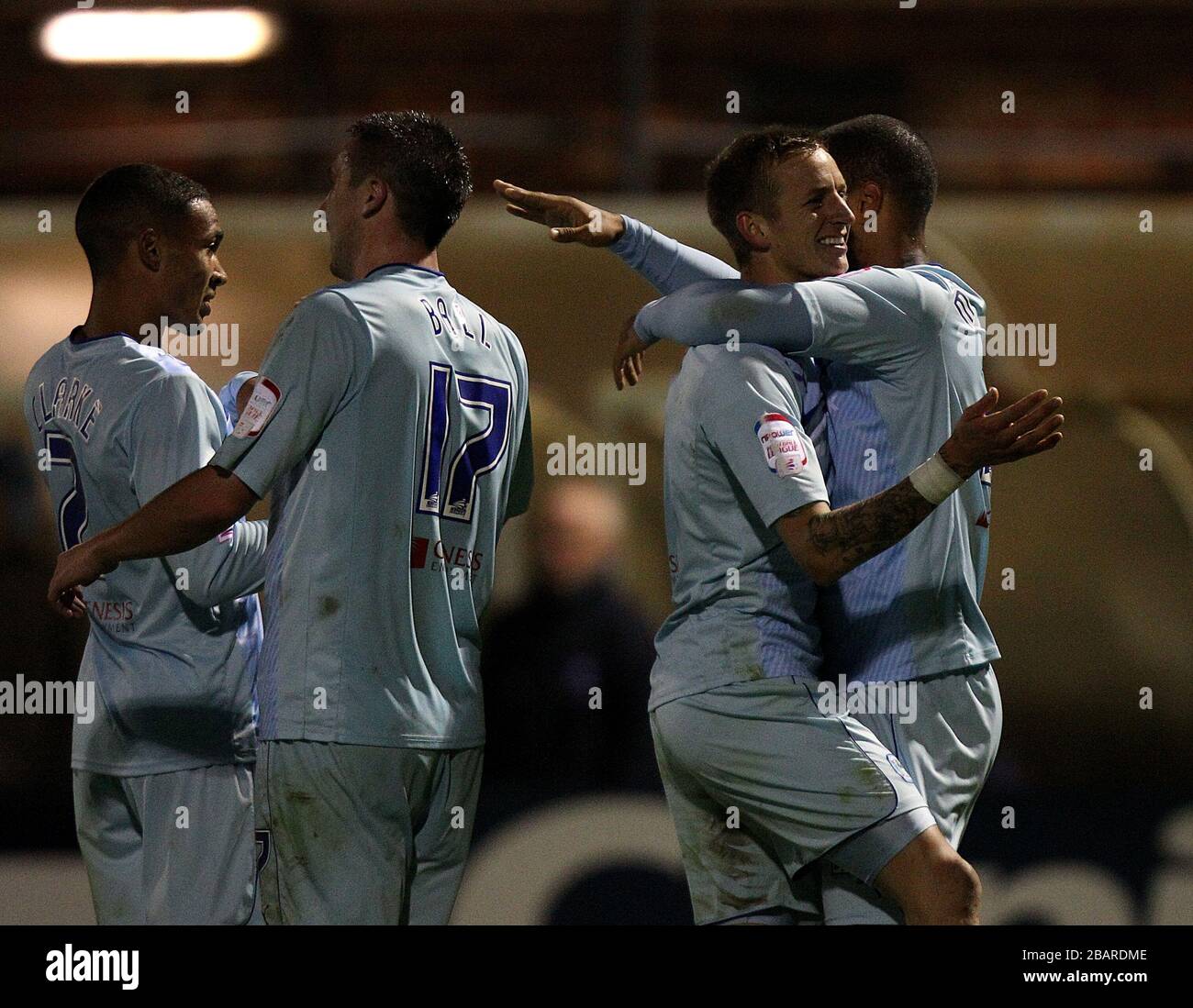 Coventry City's David McGoldrick (right) celebrates with team-mates after seeing his shot turned in by York City's Jamal Fyfield for Coventry's thrid godl of the game Stock Photo