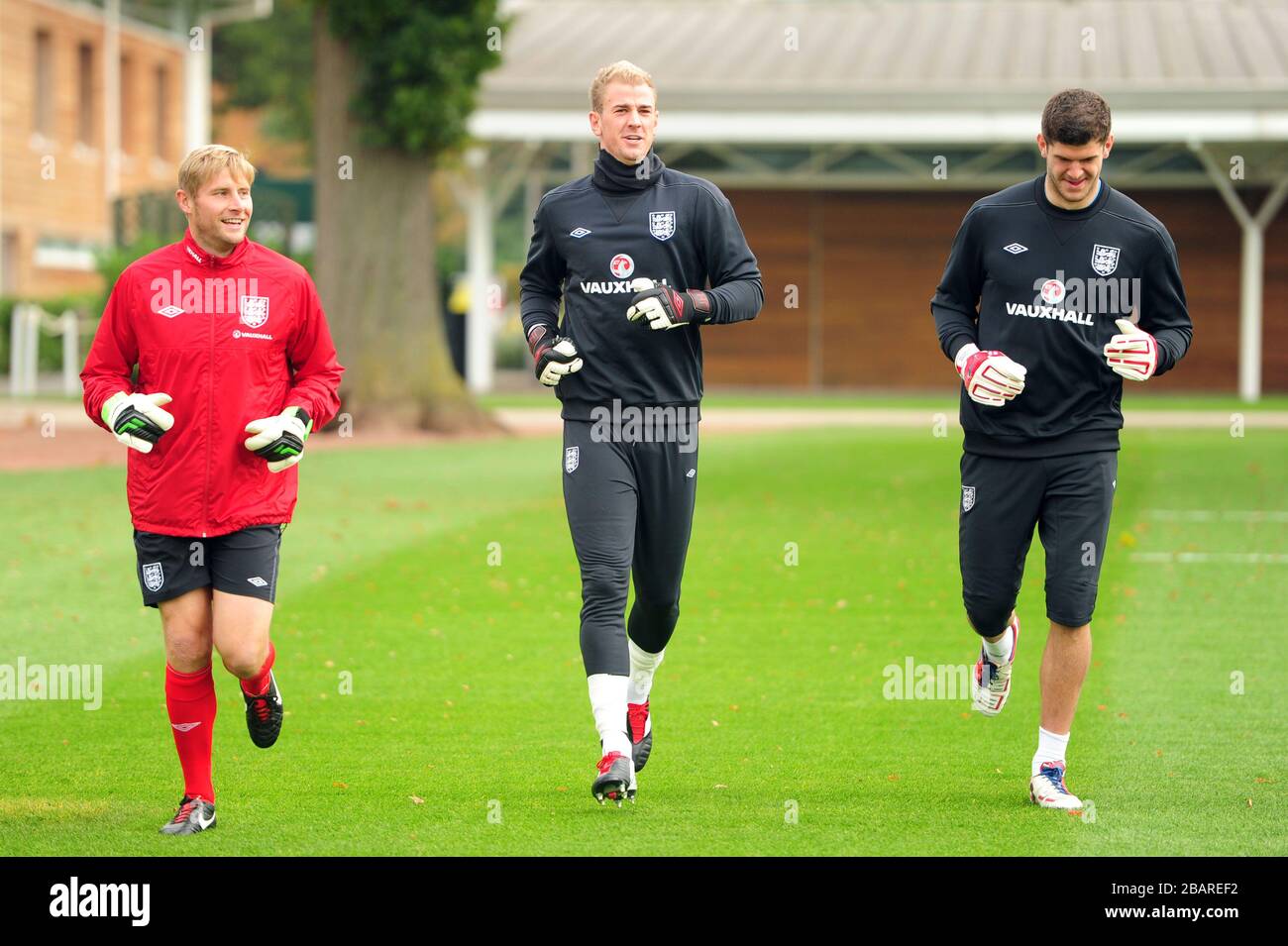 (L-R) England's Goalkeeping trainer Dave Watson with Joe Hart and Fraser Forster Stock Photo