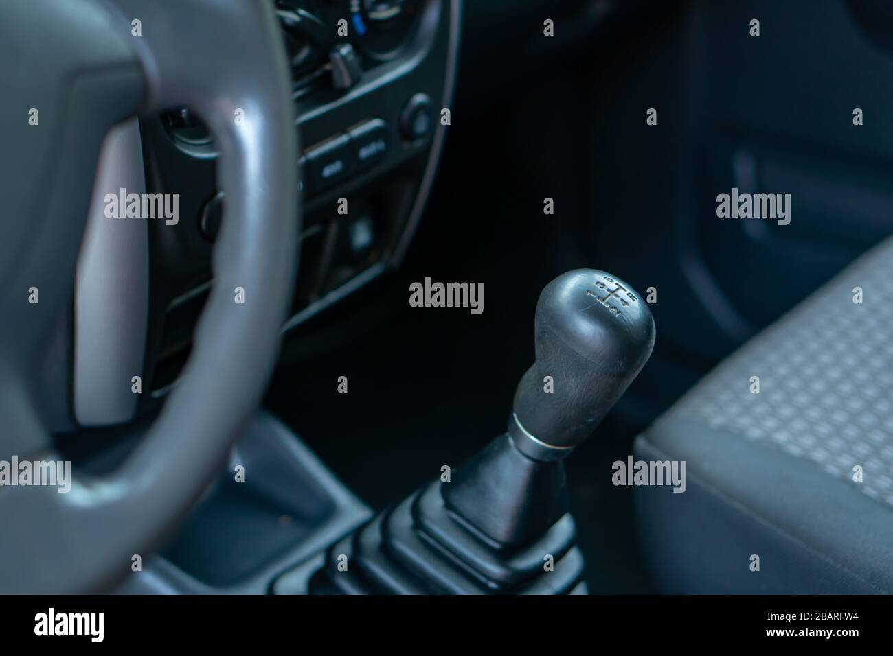 Inside car dashboard view.Detailed closeup photo of manual