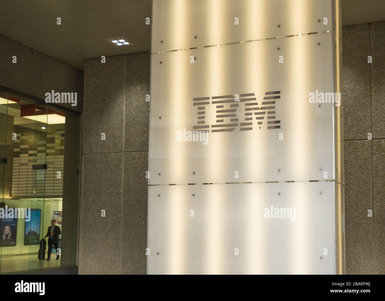 IBM logo outside London South Bank offices,  an American multinational information technology firm Stock Photo