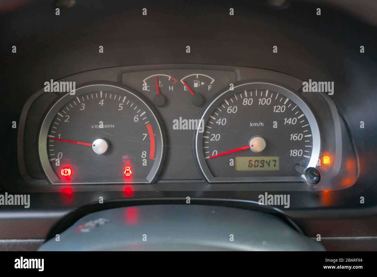 Car dashboard instrument cluster.Car panel indicators, yellow, red