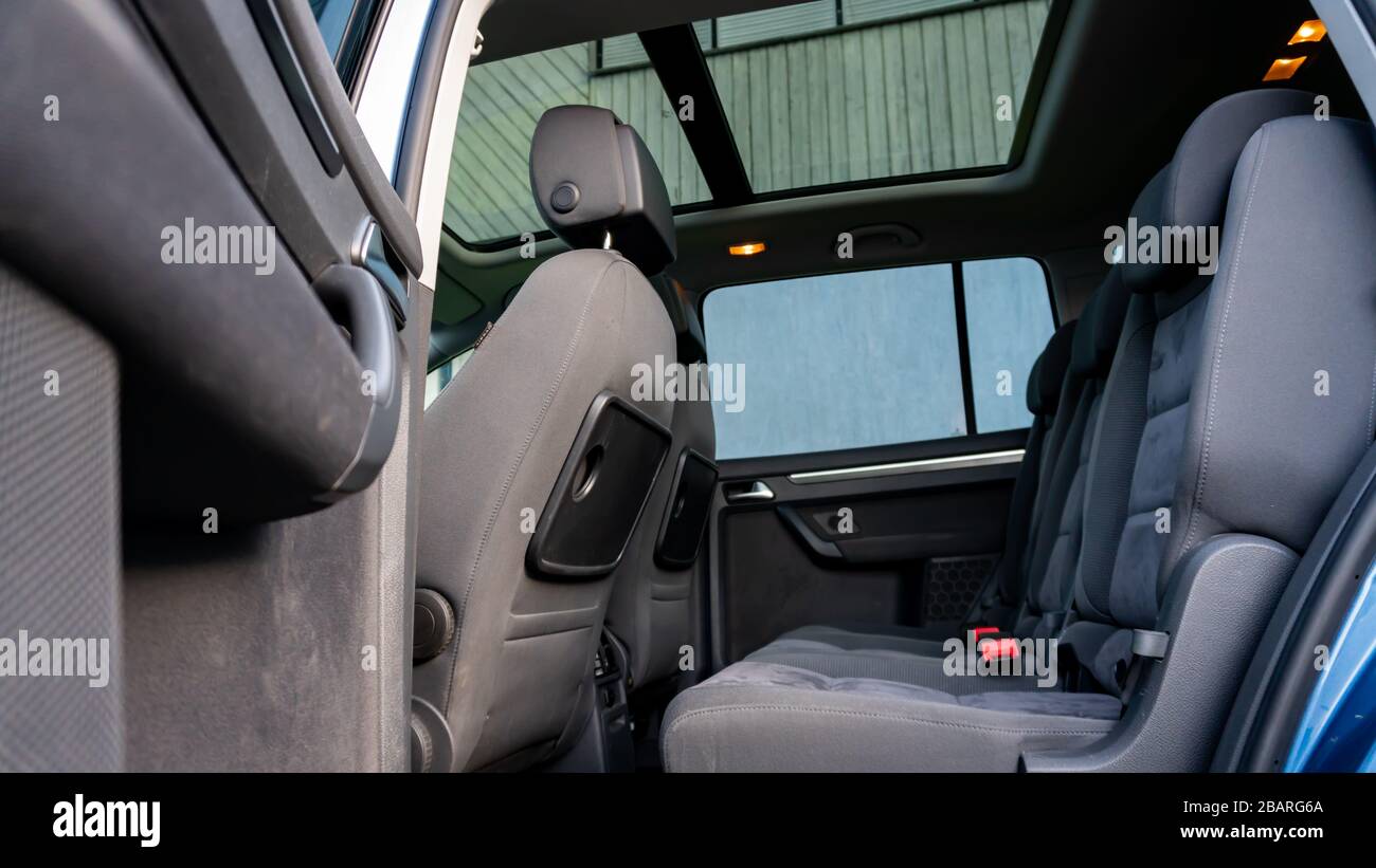 Cluj-Napoca,Cluj/Romania:07.01.2019-VW Touran facelift year 2012 panoramic  sunroof detailed interior photo. Alcantara upholstery, big navigation displ  Stock Photo - Alamy