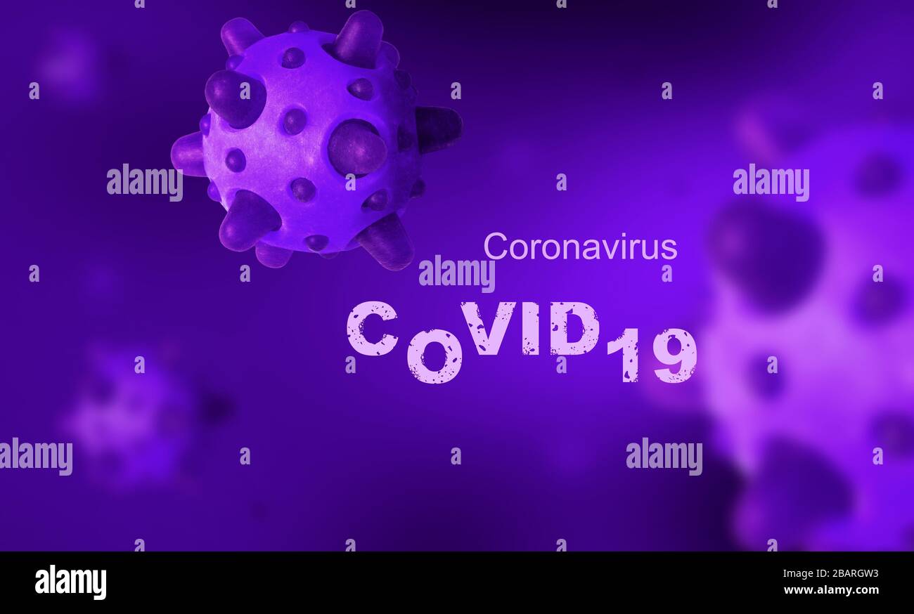 COVID-19 coronavirus banner, microscopic view of SARS-CoV-2 corona virus in cell, 3d illustration. Research of coronavirus outbreak and pandemic. Conc Stock Photo