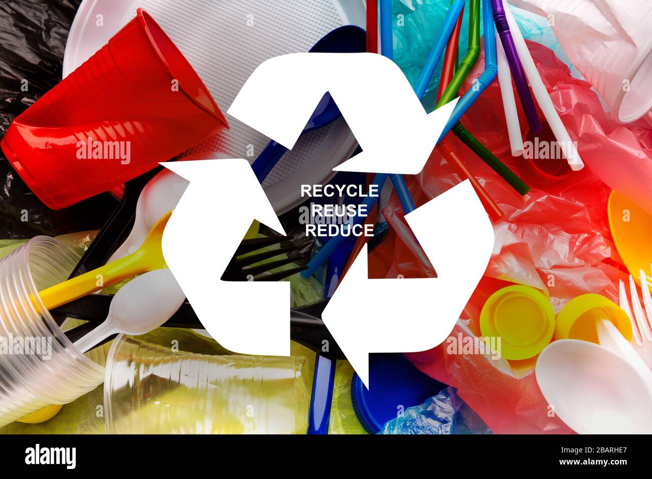 Waste reuse. Various plastic garbage and recycling emblem, top view ...
