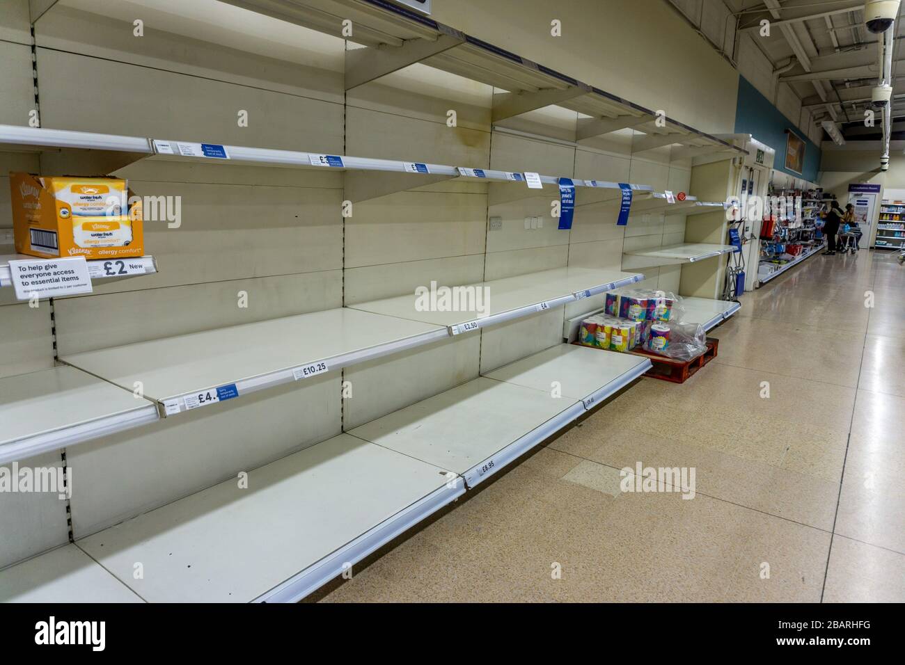 Empty supermarket shelves at Tesco, Viaduct Street, Huddersfield, Saturday morning, 28th March 2020 during the lockdown due to the corono virus pandemic. Stock Photo