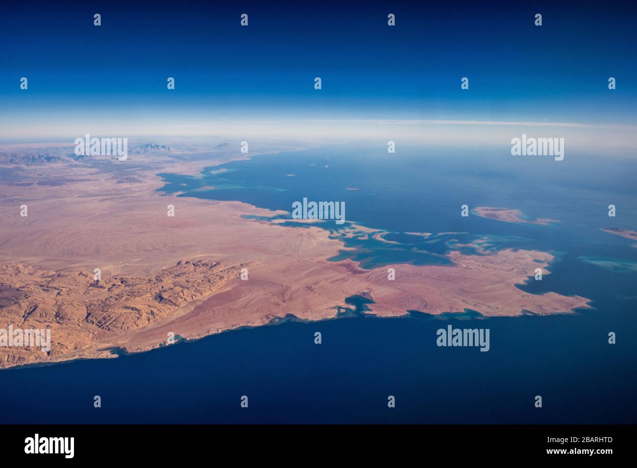Gulf of Aqaba, Sinai Peninsula to the left, Saudi Arabian Coastline to the right Stock Photo