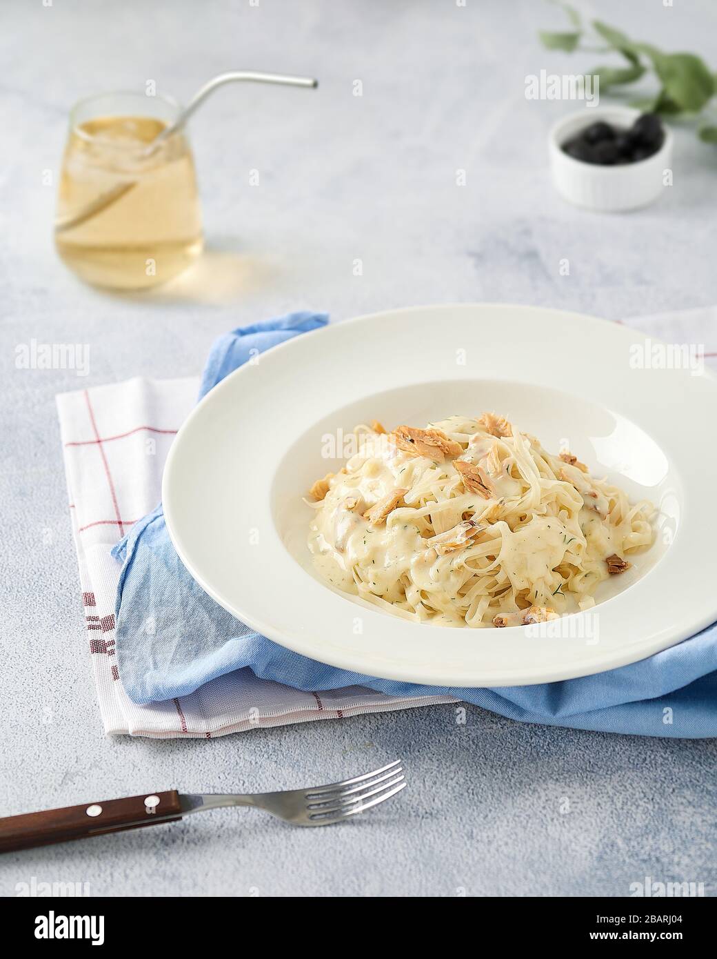 Spaghetti cream cheese white sauce with salmon Italian cuisine Stock Photo Alamy