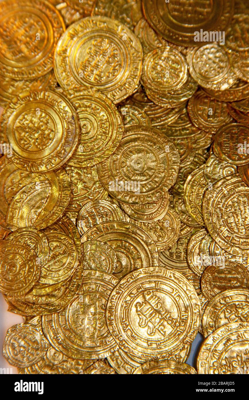 Treasure of gold coins from Caesarea. Photographed at the Israel Antiquities Authority Stock Photo