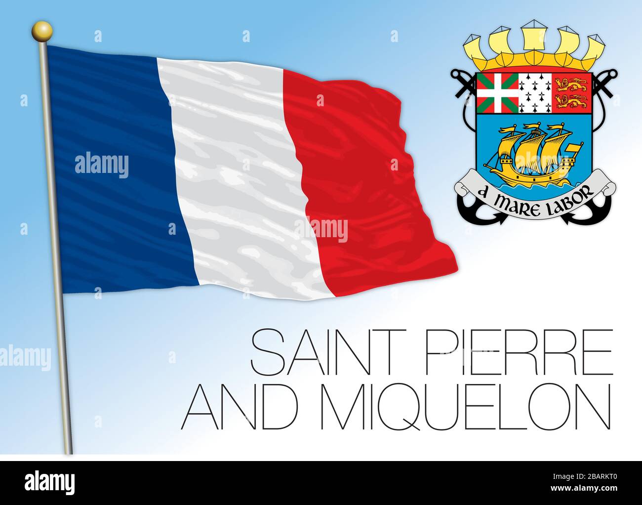 Saint Pierre and Miquelon official national flag and coat of arms, french territory, vector illustration Stock Vector