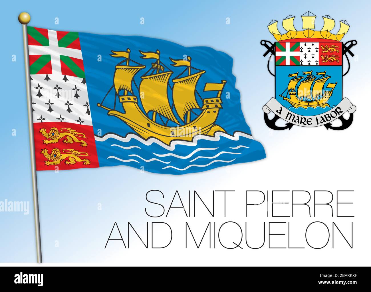 Saint Pierre and Miquelon official national flag and coat of arms, french territory, vector illustration Stock Vector