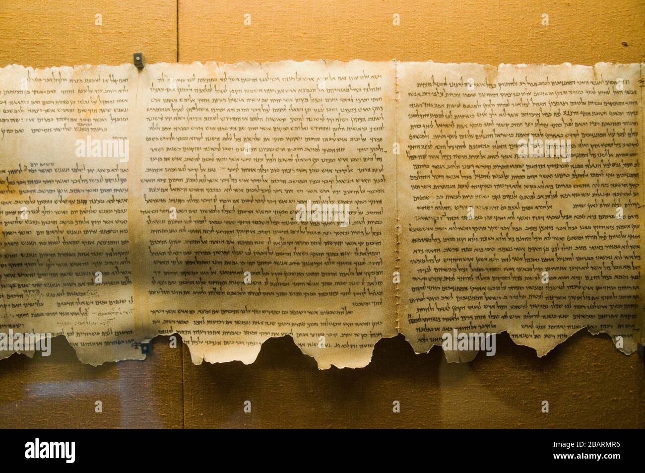 Fragment of the Dead Sea scrolls on display at the Qumran museum (Replica) Stock Photo