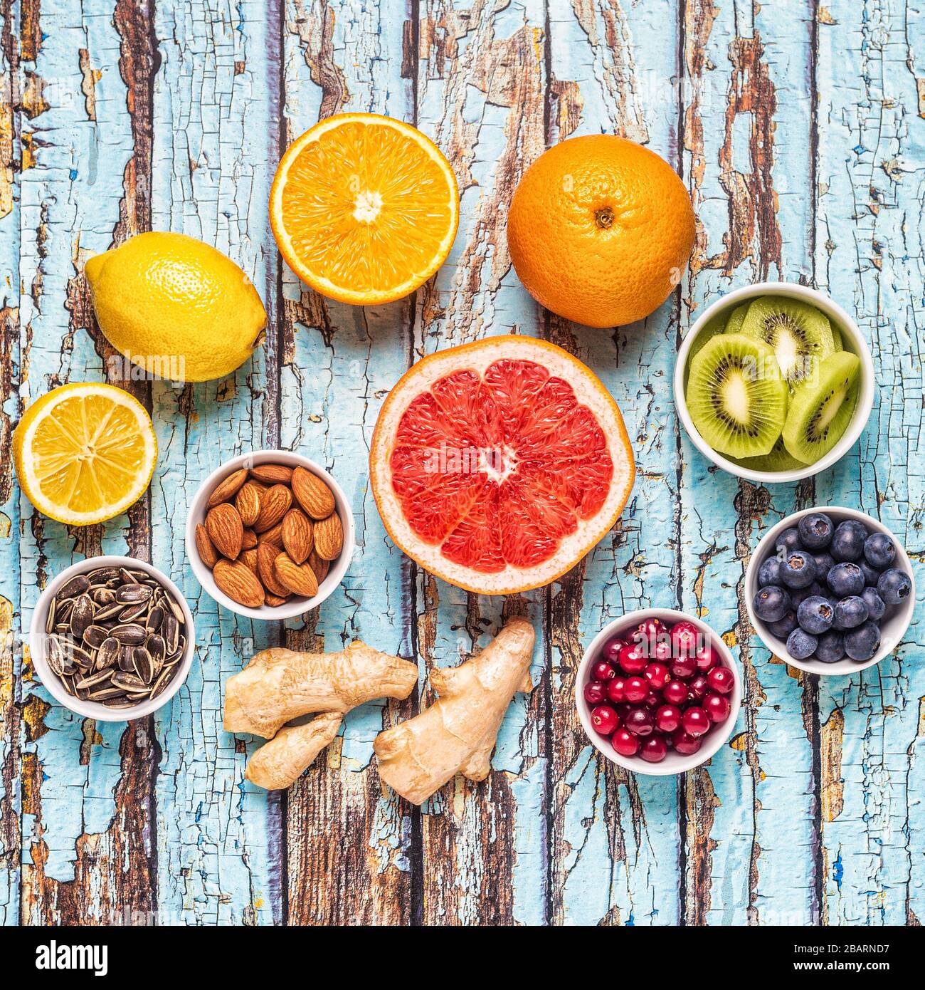 Superfoods for Immunity boosting and cold remedies, top view. Stock Photo