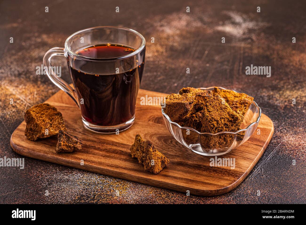 Chaga tea - a strong antioxidant, boosts immune system, has detox quality, improves digestive. Stock Photo