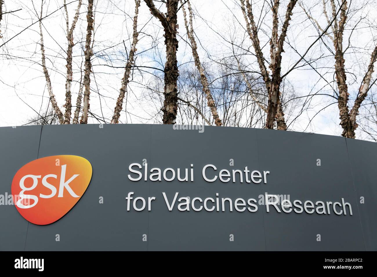 A logo sign outside of the GlaxoSmithKline (GSK) Slaoui Center for Vaccines Research in Rockville, Maryland on March 22, 2020. Stock Photo