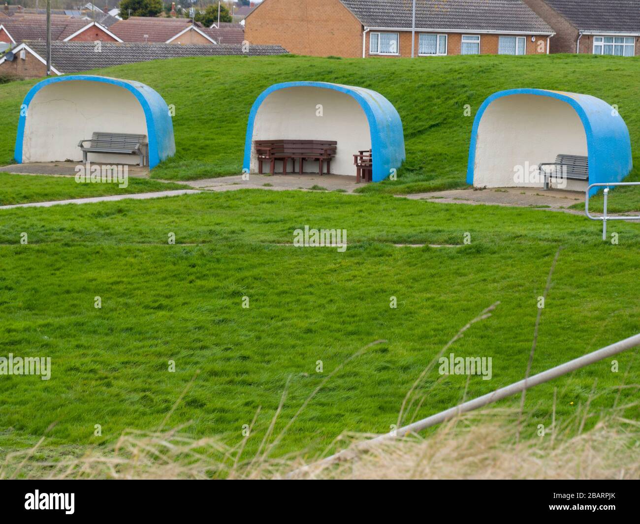 Wind break shelters next to Seaholme Road, Mablethorpe, Lincolnshire, UK Stock Photo