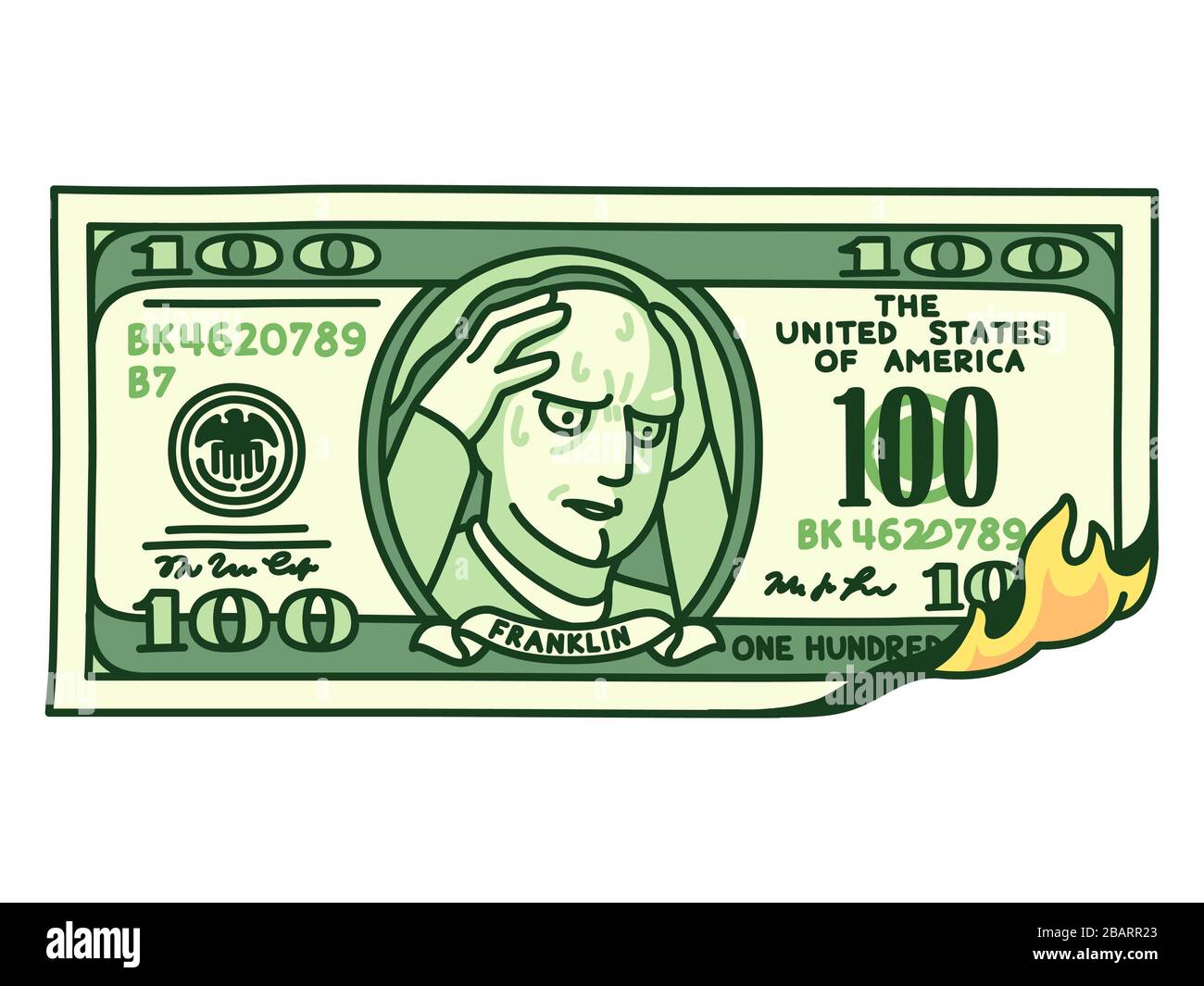 Cartoon hand drawn 100 dollar bill on fire with Franklin holding head in hands. Financial crisis, money loss, economy crash. Isolated vector clip art Stock Vector
