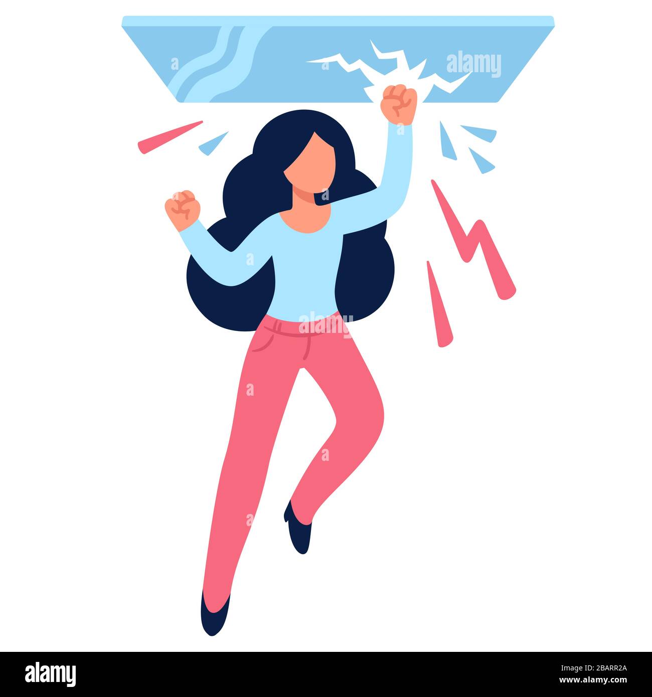 Cartoon woman drawing breaking glass ceiling. Sexism issues in work culture. Simple flat vector style illustration. Stock Vector