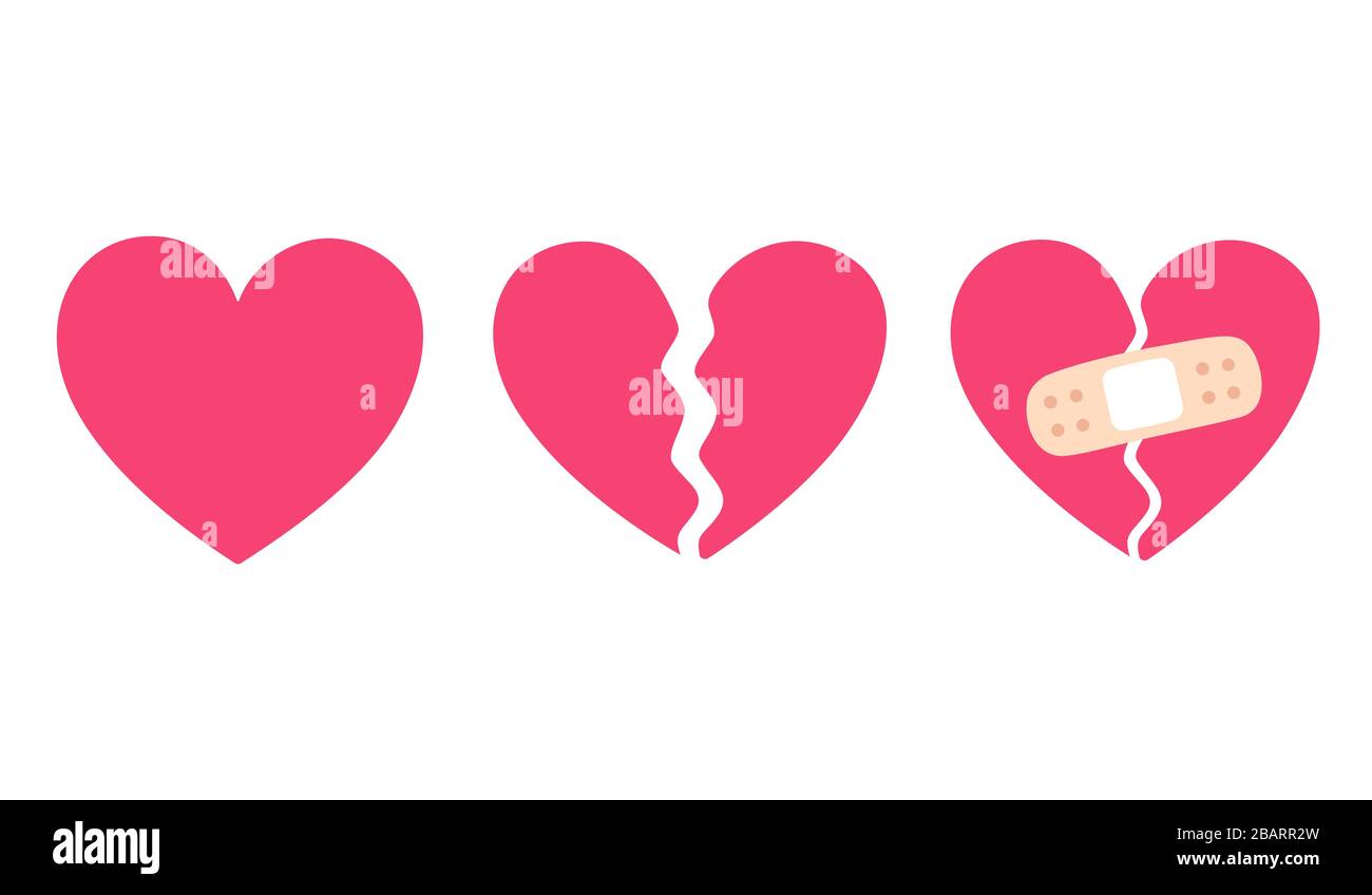 Cartoon heart set, broken heart and crack fixed with bandage. Breakup and  heartbreak symbol. Simple flat vector style clip art illustration Stock  Vector Image & Art - Alamy