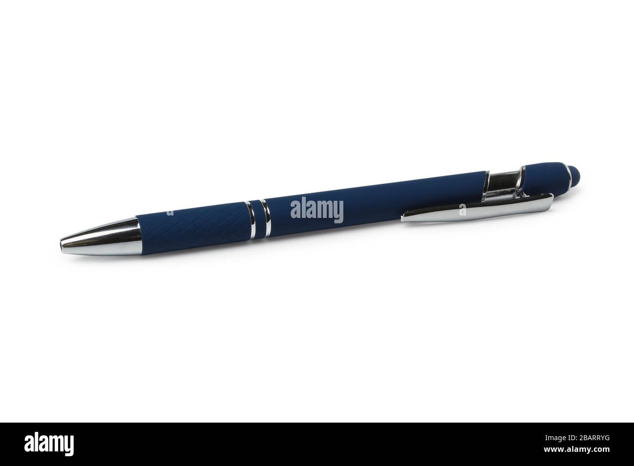 Blue plastic ball pen with button isolated on white Stock Photo