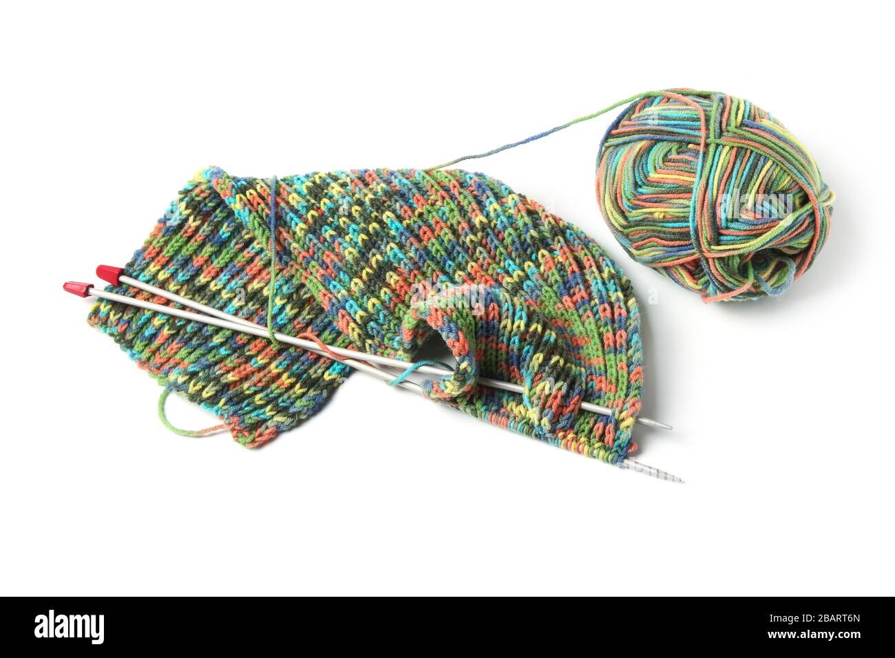 Knitting from colored wool thread isolated on white Stock Photo