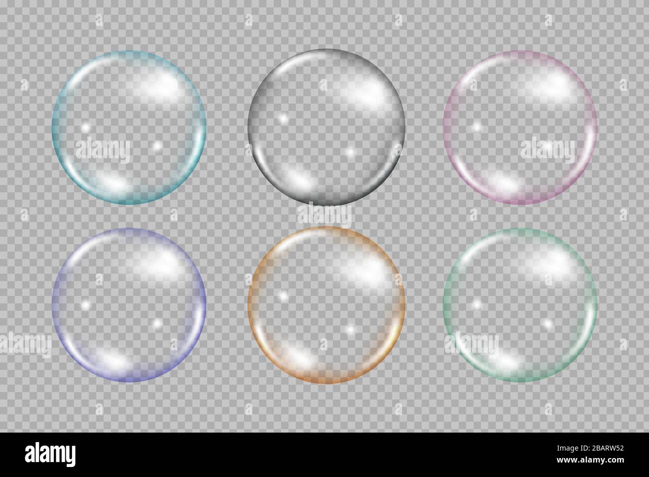 Flying rainbow transparent soap bubbles on blue background.Reaistic colored balls.Vector texture. Stock Vector