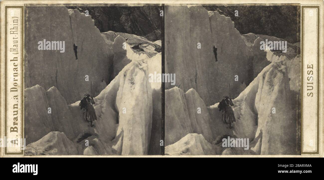 Oberland Bernois. Sauvetage du guide Jean-Michel, tombe dans une crevasse du glacier inferieur de Grindelwald, by Adolphe Braun, 16 septembre 1863 Stock Photo