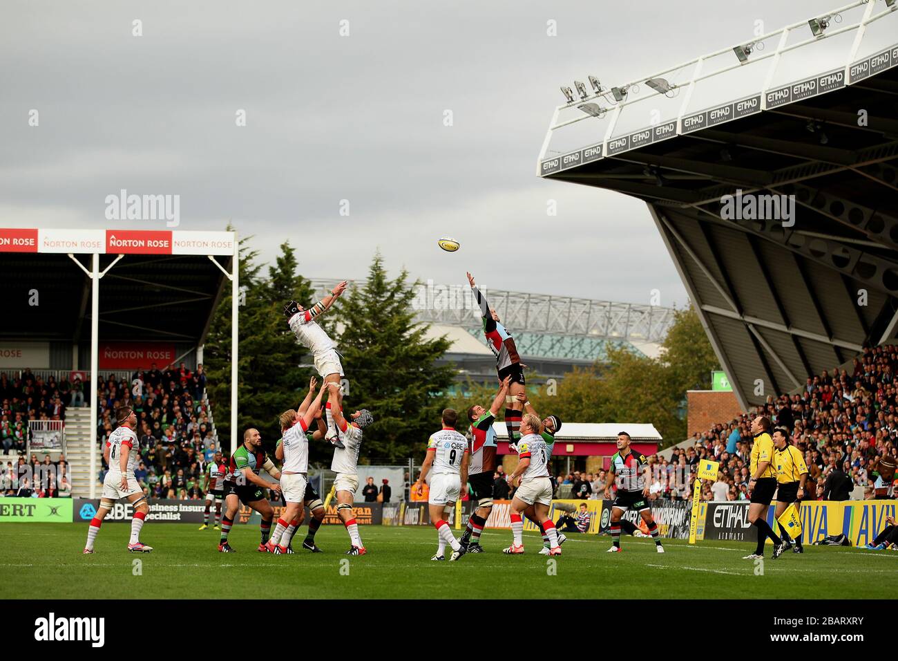A general view of the match underway as a line out is taken Stock Photo
