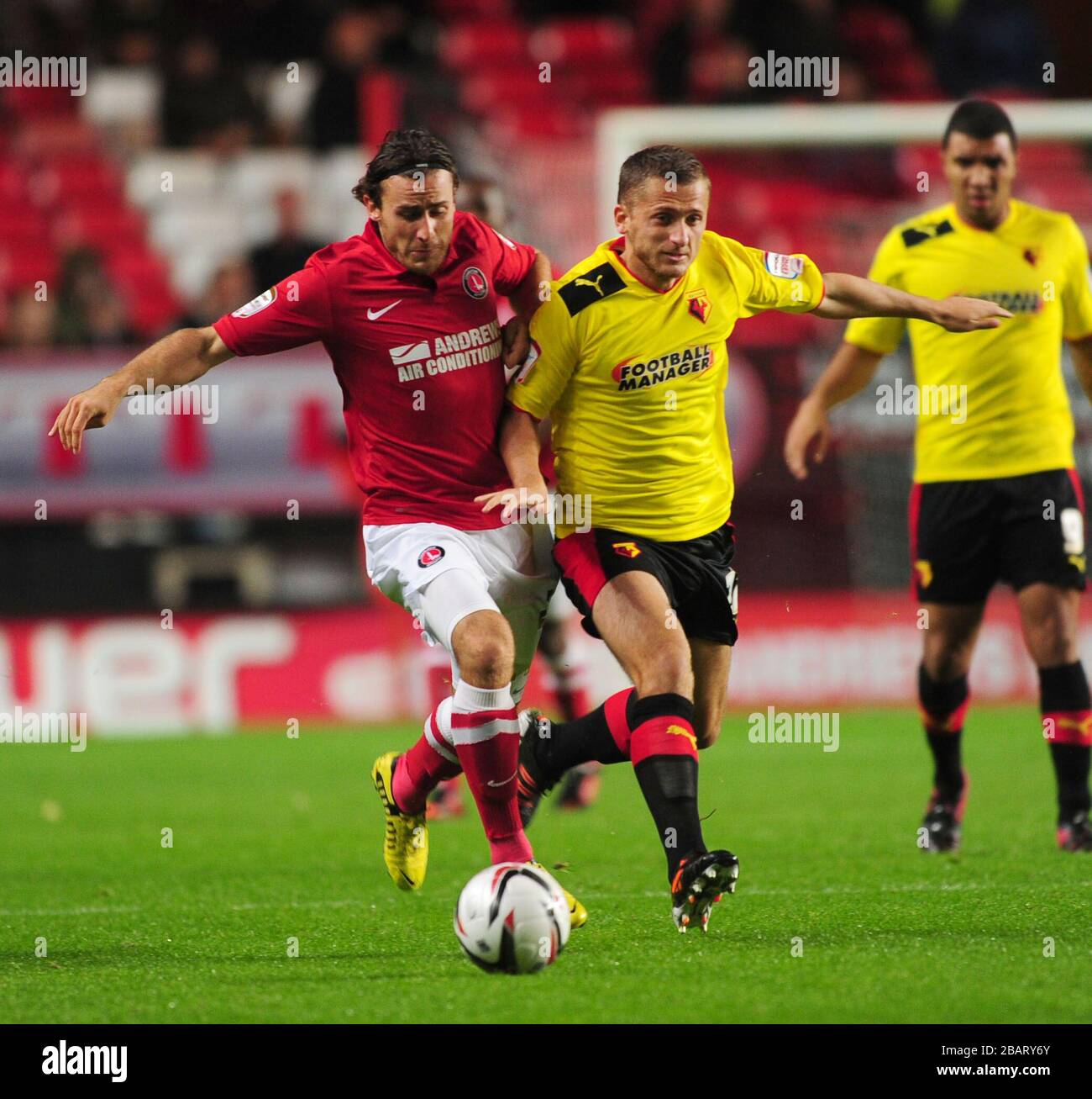 Charlton Athletic's Lawrie Wilson and Watford's Almen Abdi battle for the ball Stock Photo