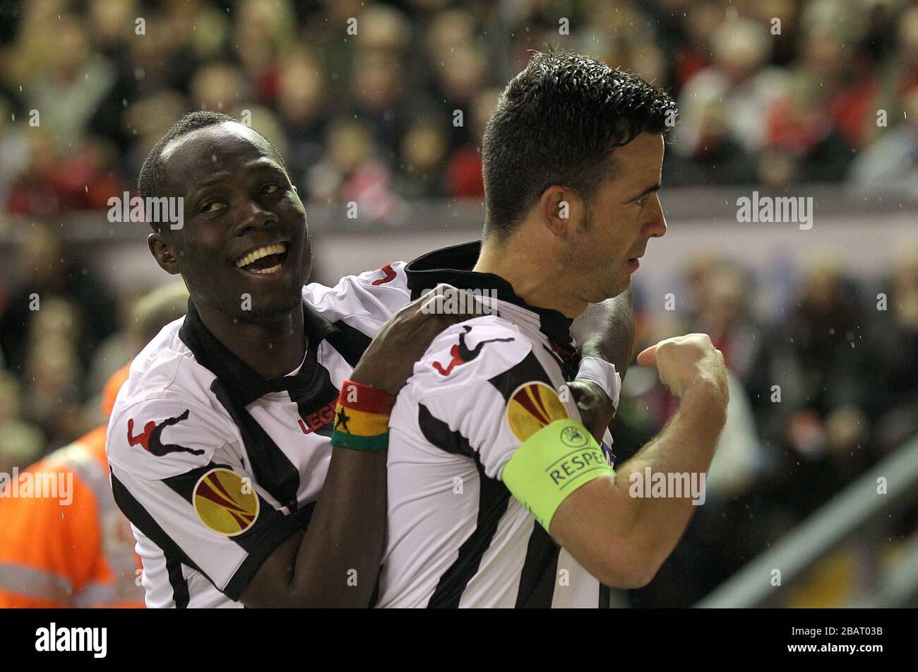 Udinese's Antonio Di Natale celebrates scoring their first goal of the game with team-mate Emmanuel Agyemang-Badu (left) Stock Photo