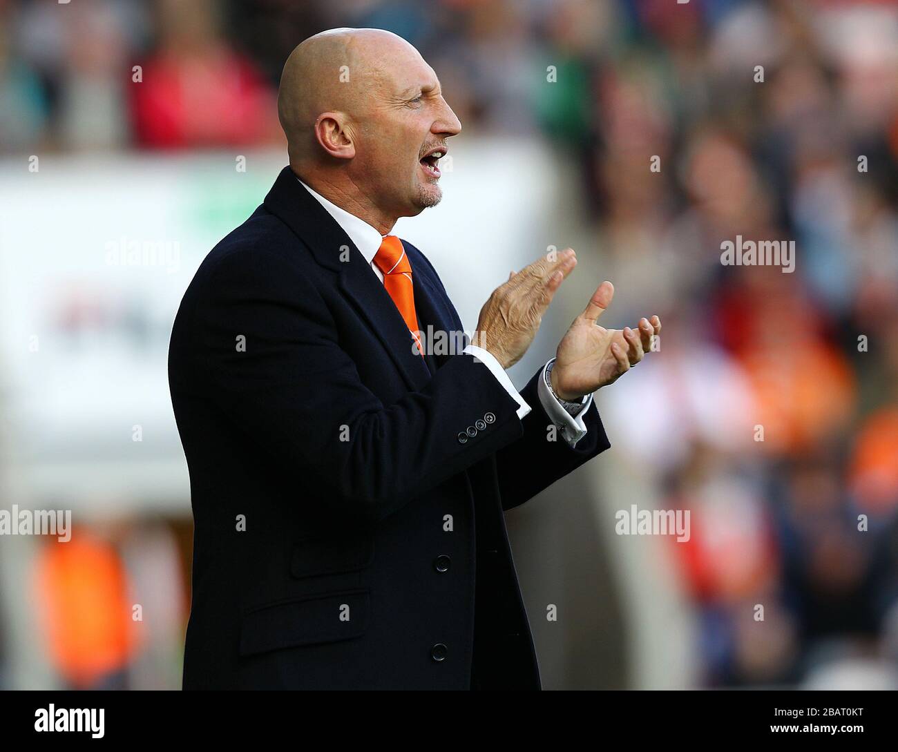 Blackpool's manager Ian Holloway shouts on his team during the game against Charlton Athletic Stock Photo