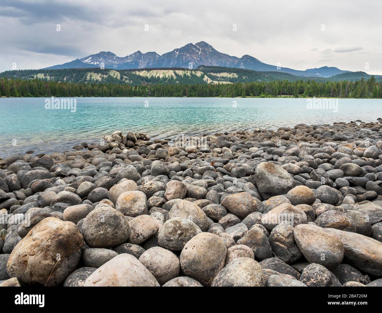 Beach to Mountains at Jasper's Lake The stoney beach of Lake