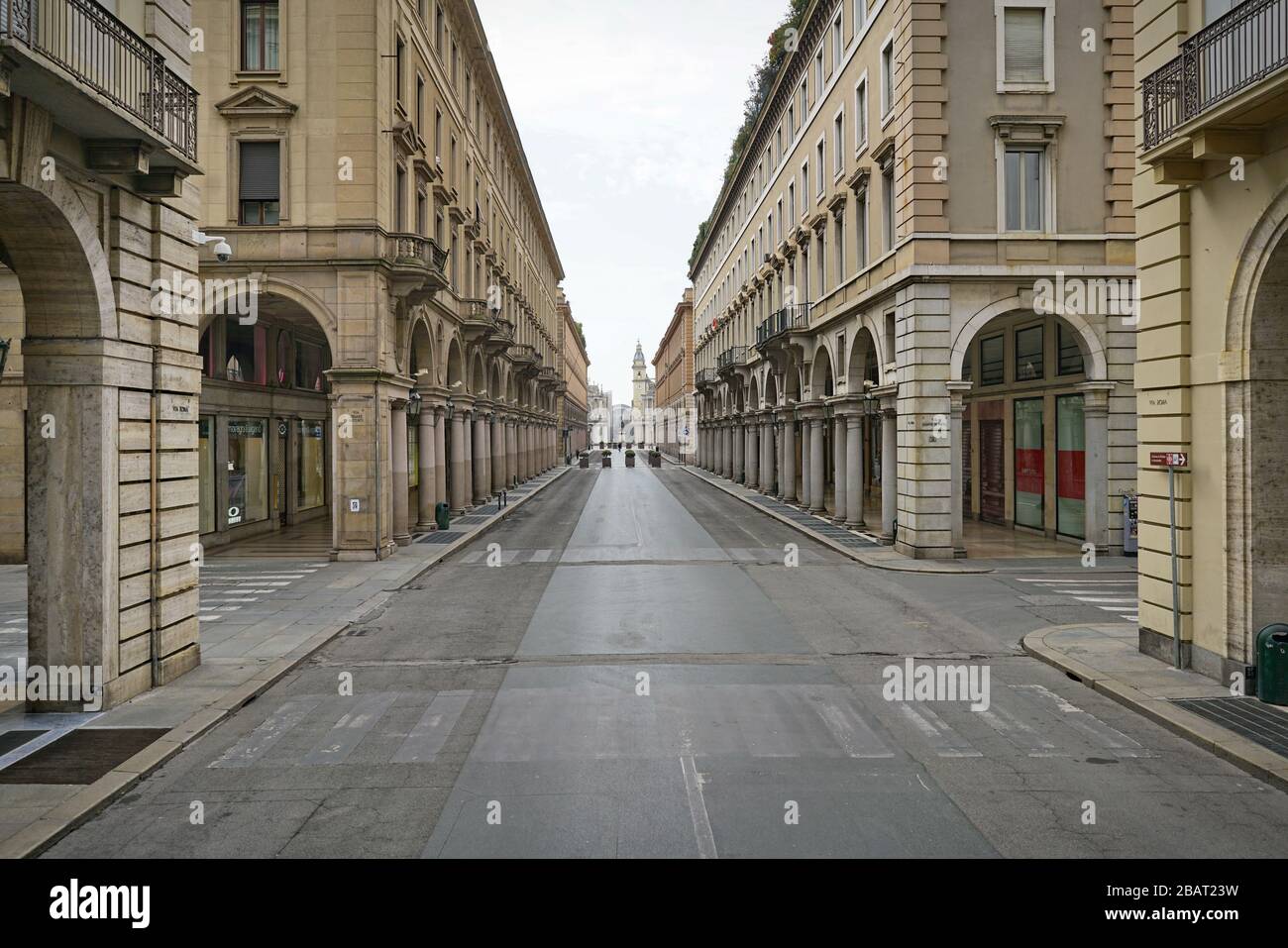 Coronavirus impact, empty downtown street Turin, Italy - March 2020 Stock Photo
