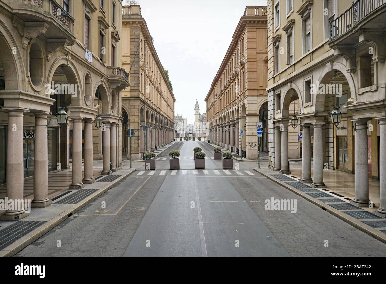 Coronavirus impact, empty downtown street Turin, Italy - March 2020 Stock Photo