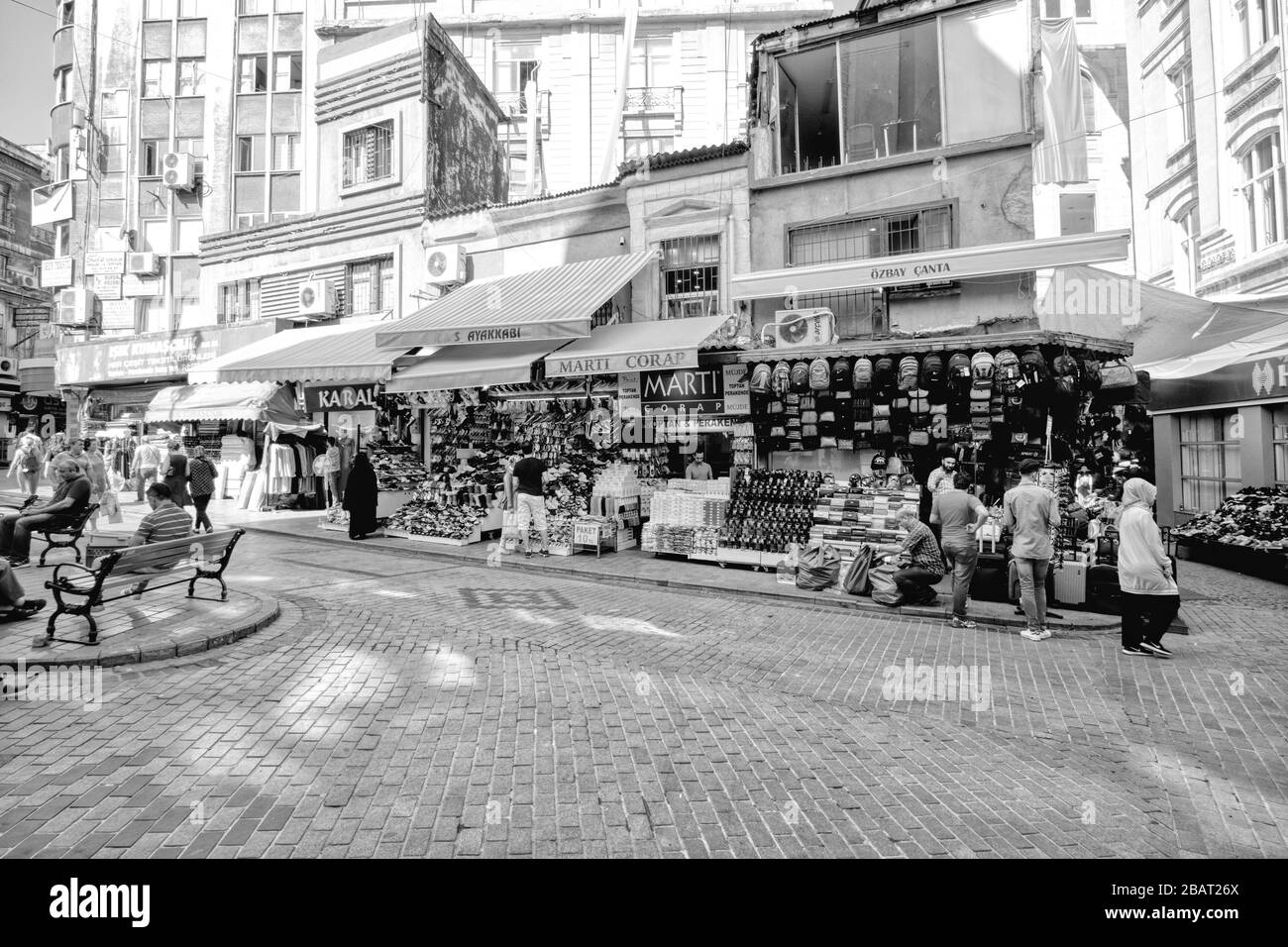 Istanbul, Turkey- September 21, 2017: Many citizens and tourists walking on a street in Istanbul full of typical shops Stock Photo