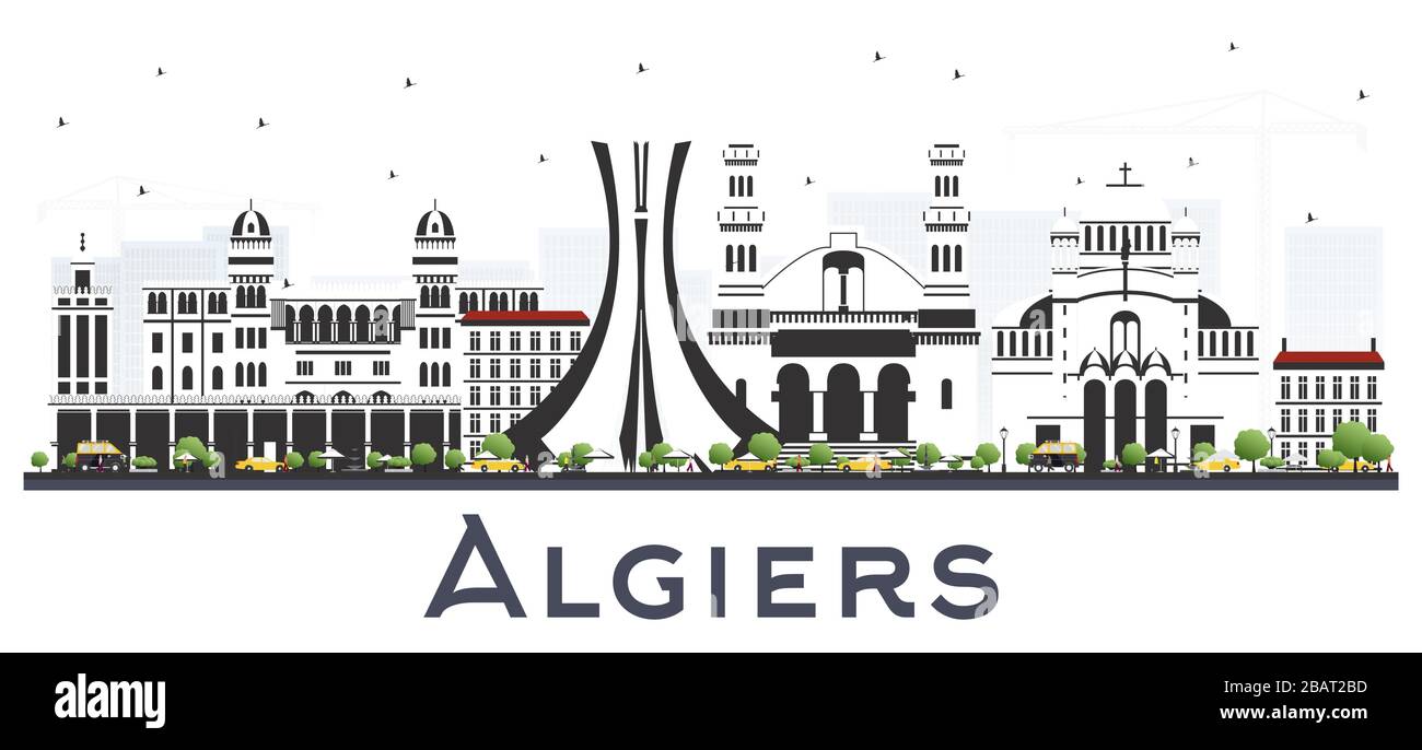 Algiers Algeria City Skyline with Gray Buildings Isolated on White. Vector Illustration. Business Travel and Tourism Concept with Modern Architecture. Stock Vector