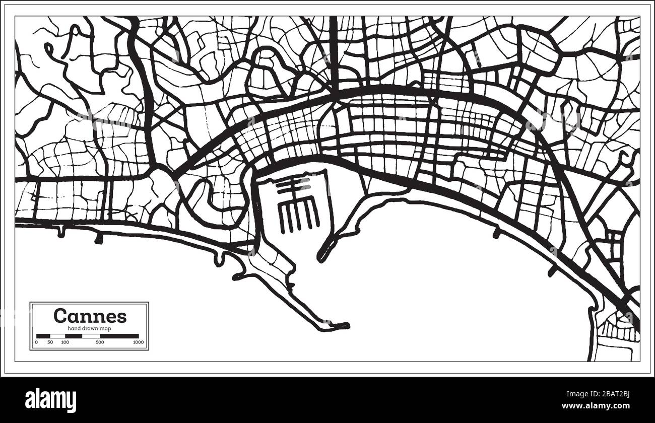 Cannes France City Map in Black and White Color in Retro Style. Outline