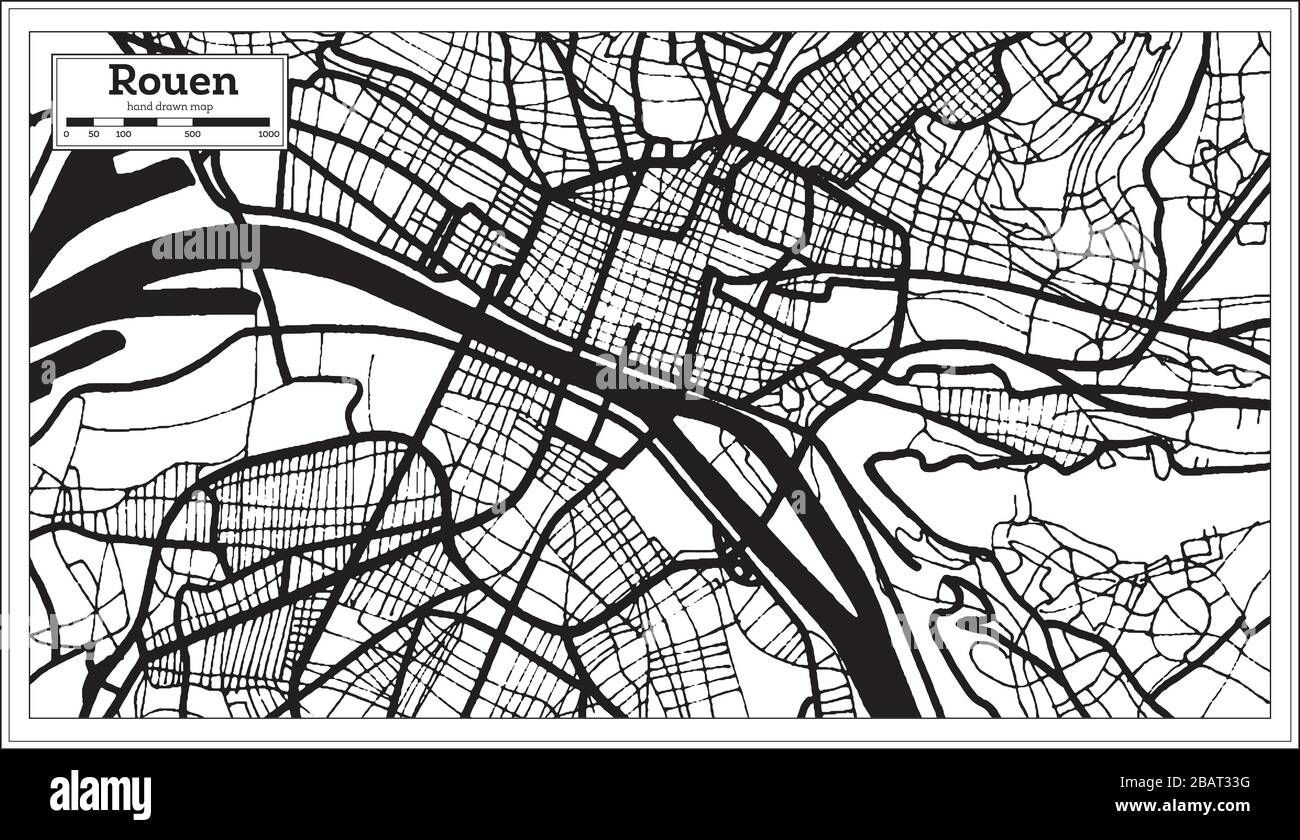 Rouen France City Map in Black and White Color in Retro Style. Outline Map. Vector Illustration. Stock Vector