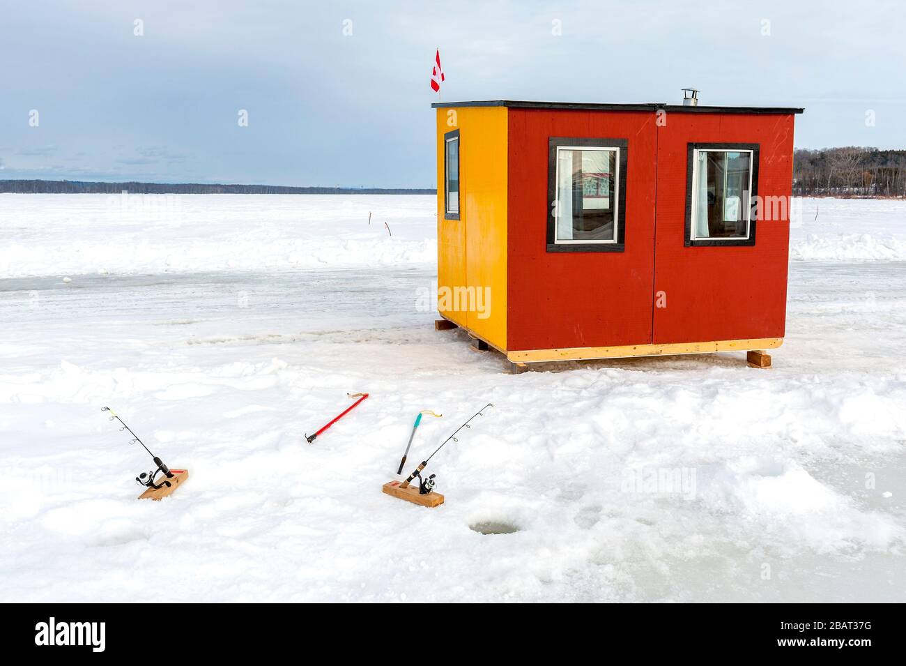 Ice fishing huts on the frozen Ottawa River Stock Photo