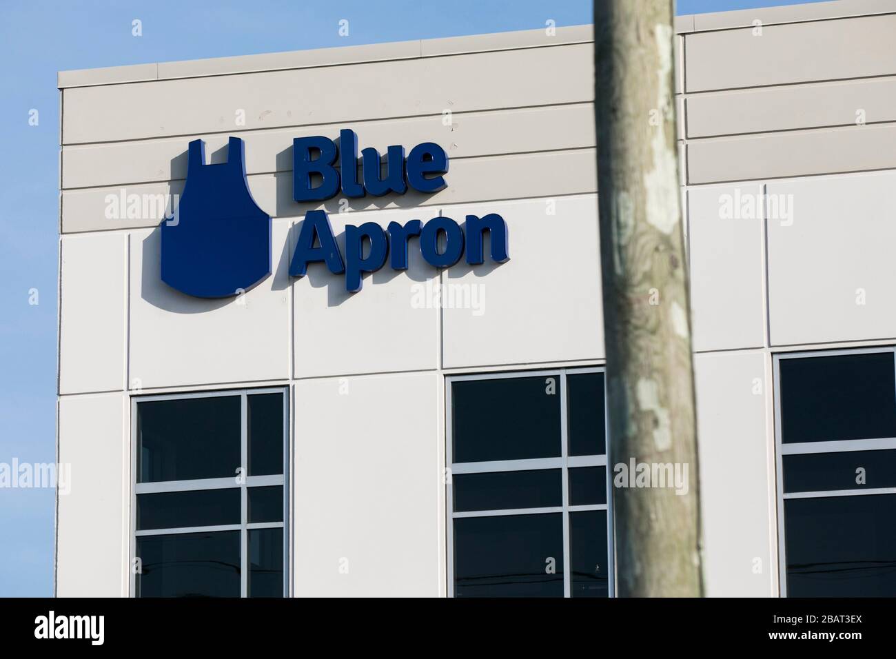 A logo sign outside of a facility occupied by Blue Apron in Linden, New Jersey, on March 23