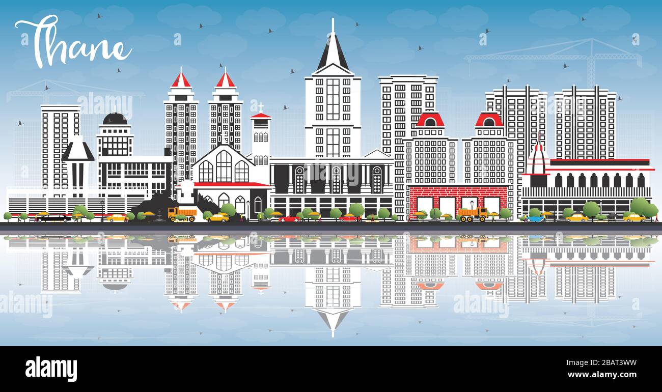 Thane India City Skyline with Gray Buildings, Blue Sky and Reflections. Vector Illustration. Stock Vector